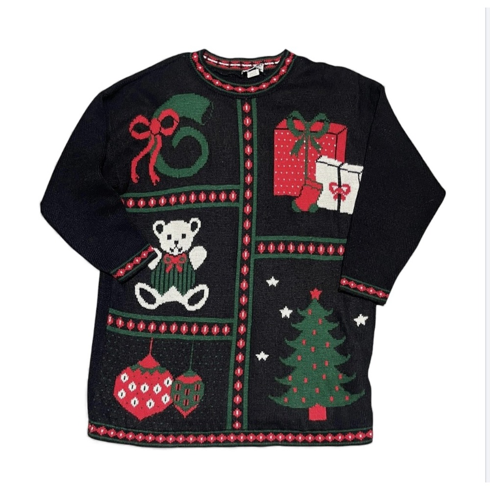 VTG Private Eye CHRISTMAS PARTY SWEATER Black/Red/Green TREE ORNAMENTS BEAR sz M